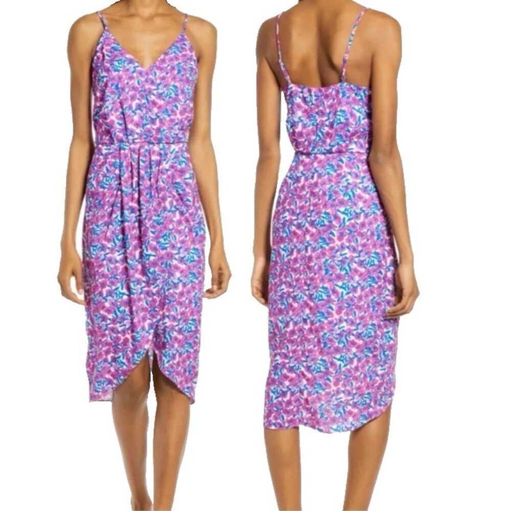 Chelsea28 Midi Slip Dress L Large Blue Pink White Floral Silky Washable NEW
